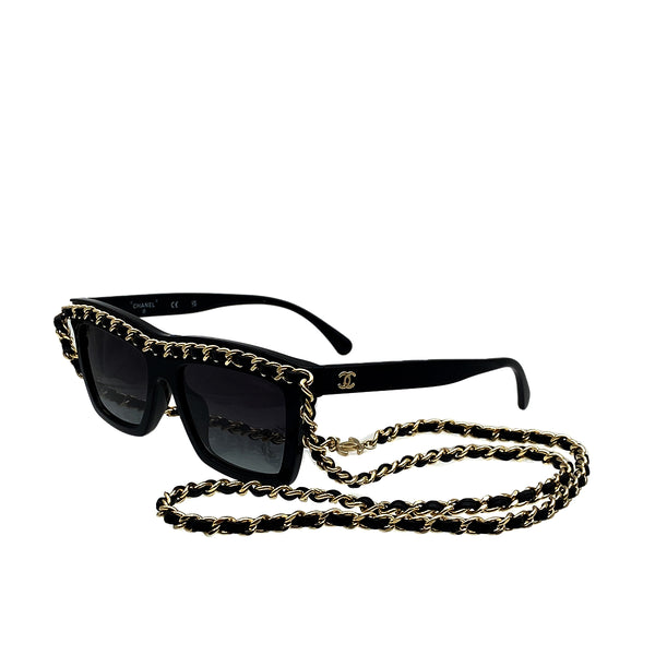 CHANEL COCOMARK RECTANGLE SHAPE CHAIN SUNGLASSES BLACK GOLD EYEWEAR 90319702
