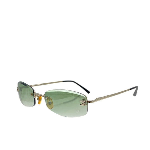 CHANEL COCOMARK RIMLESS SUNGLASSES SILVER GREEN EYEWEAR 90319671