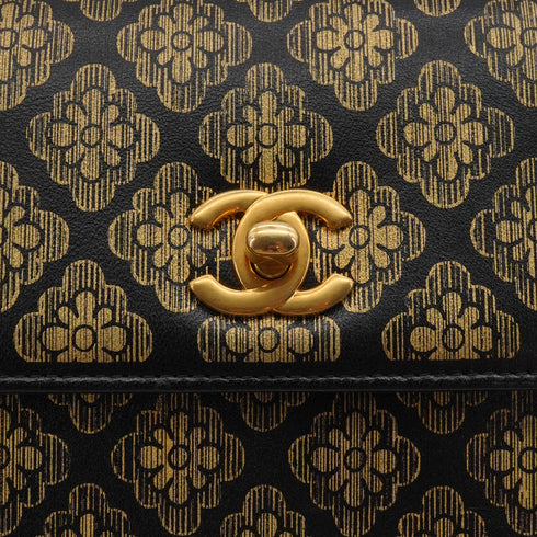 CHANEL CAMELLIA PATTERN METALLIC PRINT TURNLOCK CHAIN SHOULDER BAG BLACK LEATHER GOLD HARDWARE 90344459