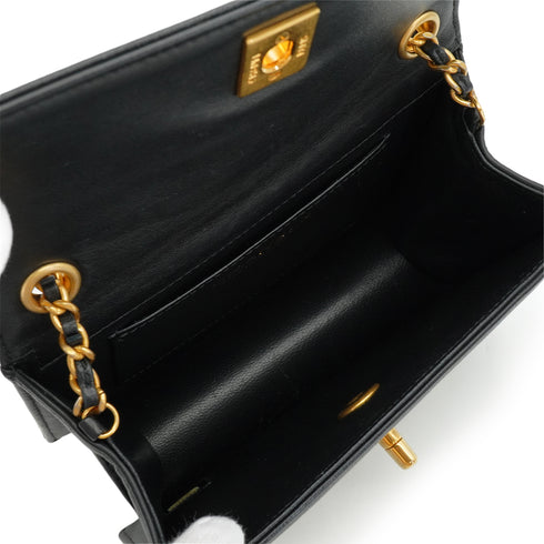 CHANEL CAMELLIA PATTERN METALLIC PRINT TURNLOCK CHAIN SHOULDER BAG BLACK LEATHER GOLD HARDWARE 90344459