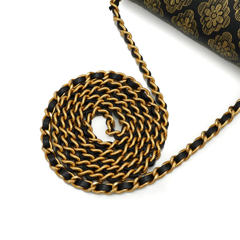 CHANEL CAMELLIA PATTERN METALLIC PRINT TURNLOCK CHAIN SHOULDER BAG BLACK LEATHER GOLD HARDWARE 90344459