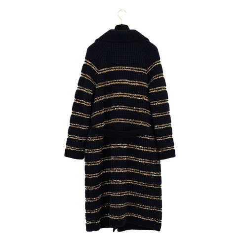 CHANEL COCO BUTTON BORDER TWEED LONG COAT BLACK GOLD WOOL 38 P64 RTW 90324155
