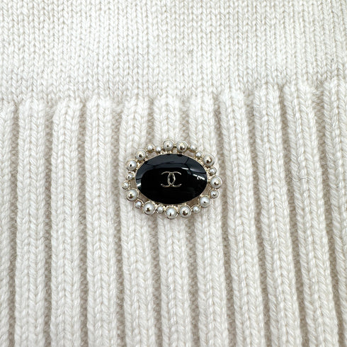 CHANEL COCO BUTTON KNIT TOPS FLOWER WHITE BLACK CASHMERE 42 P70 RTW 90324149
