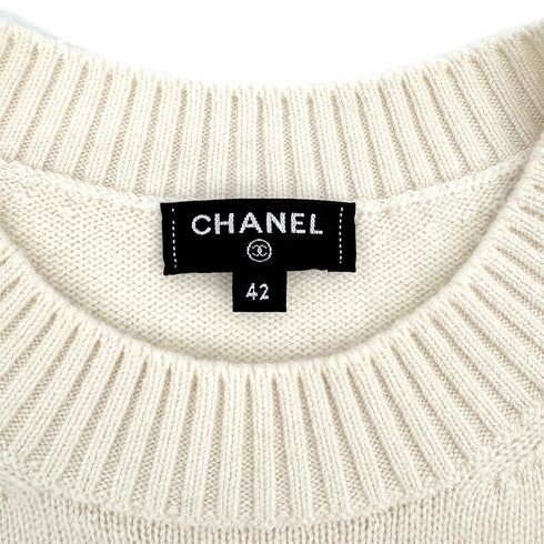 CHANEL COCO BUTTON KNIT TOPS FLOWER WHITE BLACK CASHMERE 42 P70 RTW 90324149