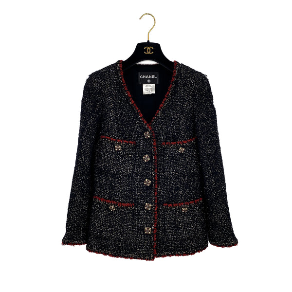 CHANEL COCO BUTTON RHINESTONE TWEED JACKET BLACK RED WOOL 38 P42 RTW 90319632