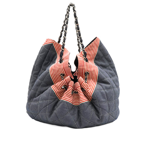 CHANEL COCO CABAS GM CHAIN SHOULDER TOTE BAG BLUE RED DENIM CANVAS SILVER HARDWARE 90348216