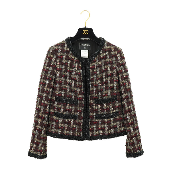CHANEL DOUBLE POCKET TWEED JACKET SEQUINS BLACK RED WOOL 42 02A RTW 90309855