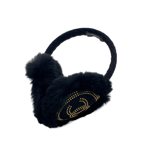 CHANEL EARMUFFS COCOMARK BLACK GOLD RABBIT FUR 90319709