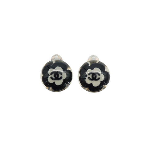 CHANEL EARRINGS CAMELLIA COCOMARK ROUND BLACK SILVER ACCESSORY 04S 90339136