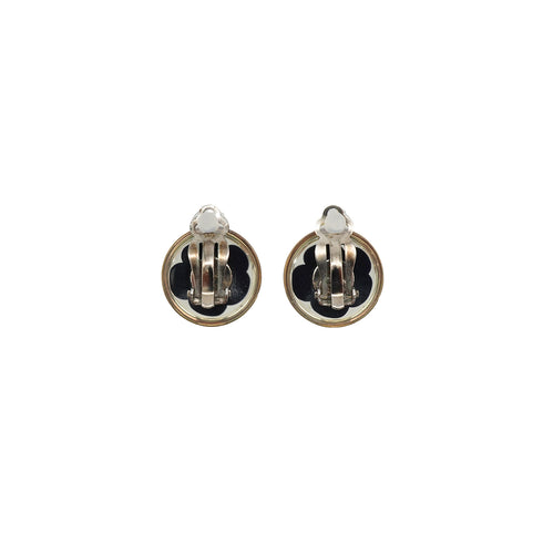 CHANEL EARRINGS CAMELLIA COCOMARK ROUND BLACK SILVER ACCESSORY 04S 90339136