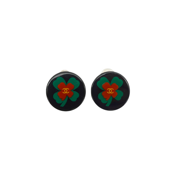 CHANEL EARRINGS CLOVER COCOMARK ROUND BLACK GREEN RED ACCESSORY 04P 90350577