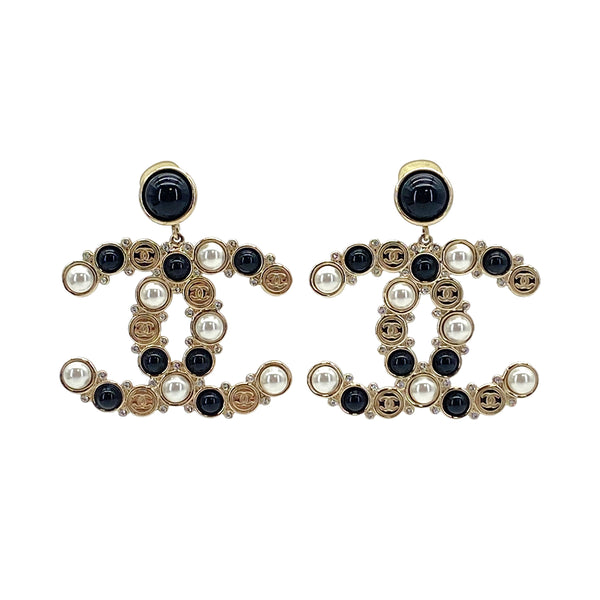 CHANEL EARRINGS COCOMARK FAUX PEARL RHINESTONE BLACK GOLD ACCESSORY B19B 90325620