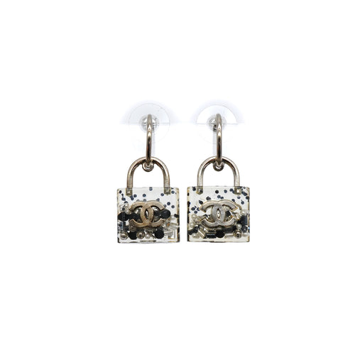 CHANEL EARRINGS COCOMARK LOCK SWING CLEAR SILVER ACCESSORY 14K 90340366