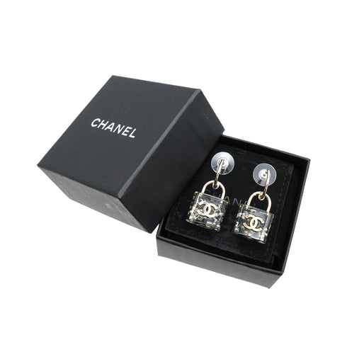 CHANEL EARRINGS COCOMARK LOCK SWING CLEAR SILVER ACCESSORY 14K 90340366