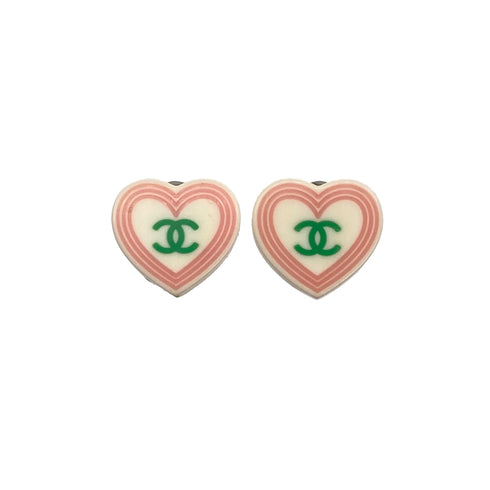 CHANEL EARRINGS HEART COCOMARK WHITE PINK GREEN ACCESSORY 04C 90321093