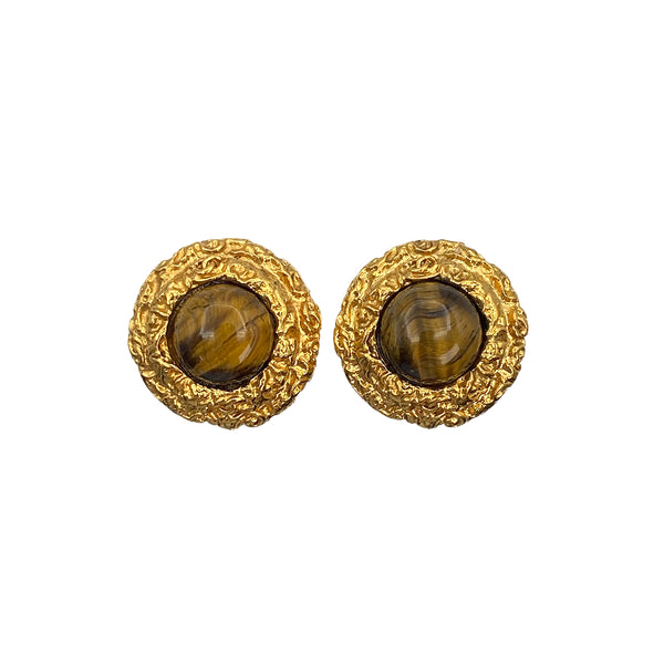 CHANEL EARRINGS TIGER EYE AROUND BROWN GOLD ACCESSORY 03A 90321021
