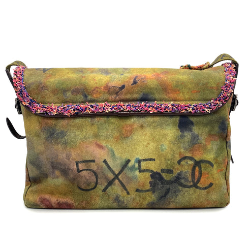 CHANEL EMBROIDERY GRAFFITI SHOULDER MESSENGER BAG KHAKI CANVAS LEATHER 90325599