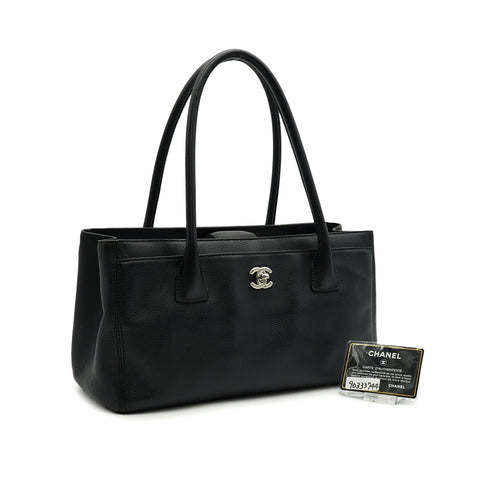 CHANEL EXECUTIVE TOTE SHOULDER BAG BLACK LEATHER SILVER HARDWARE 90333744