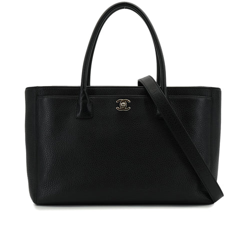 CHANEL EXECUTIVE TOTE SHOULDER BAG BLACK LEATHER SILVER HARDWARE 90341902
