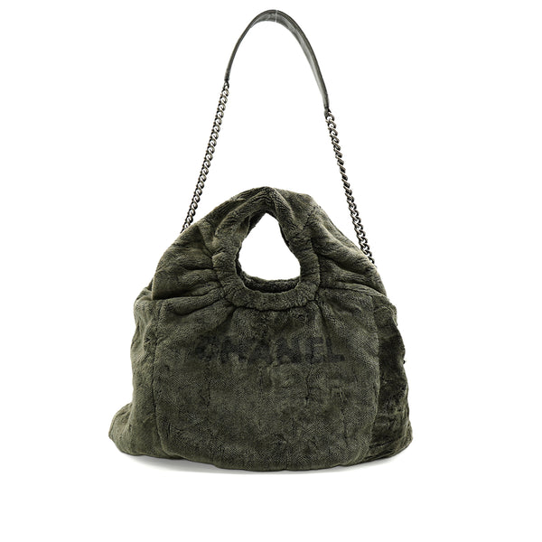 CHANEL FAUX FUR 2WAY CHAIN HAND SHOULDER BAG KHAKI SILVER HARDWARE 90346120