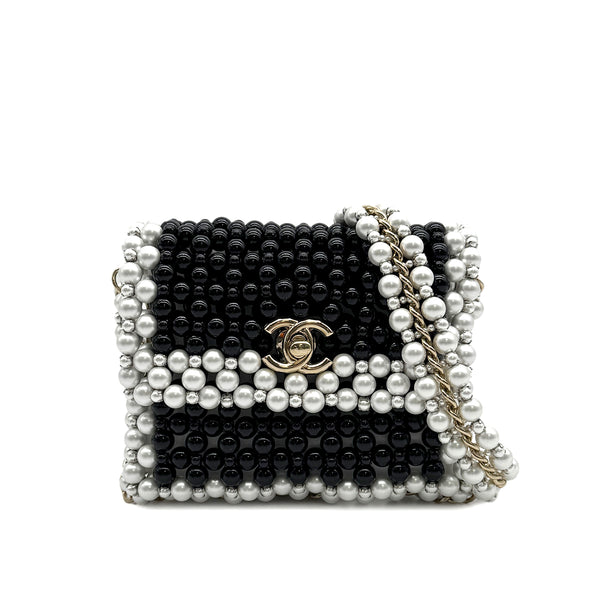 CHANEL FAUX PEARL CHAIN SHOULDER BAG WHITE BLACK GOLD HARDWARE 90317003