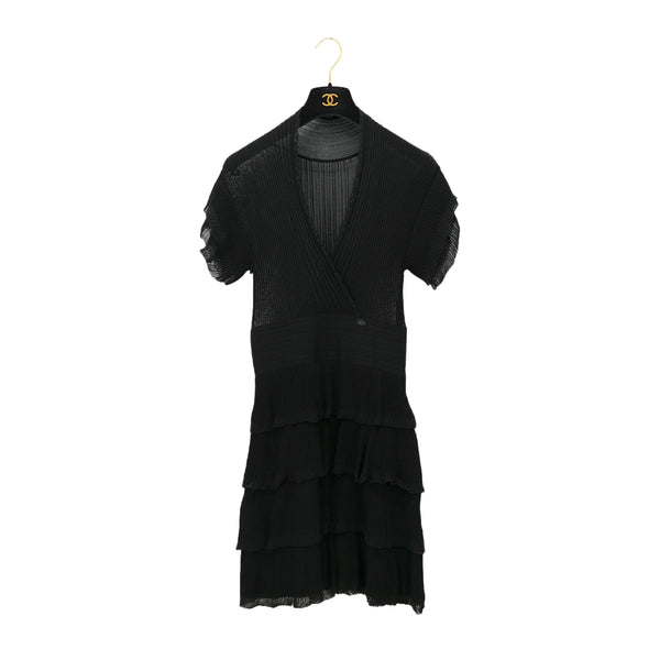 CHANEL FRIL DRESS BLACK RAYON 38 07P RTW 90283153