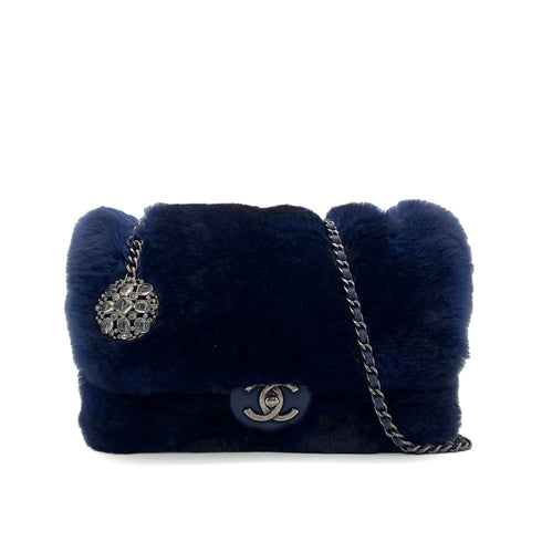 CHANEL FUR CHAIN SHOULDER BAG BLUE LAMB SKIN SILVER HARDWARE 90322023