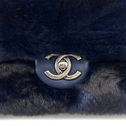 CHANEL FUR CHAIN SHOULDER BAG BLUE LAMB SKIN SILVER HARDWARE 90322023