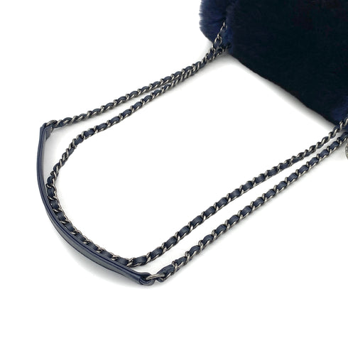 CHANEL FUR CHAIN SHOULDER BAG BLUE LAMB SKIN SILVER HARDWARE 90322023