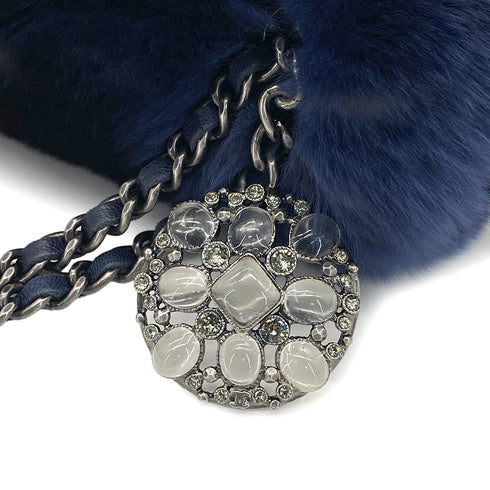 CHANEL FUR CHAIN SHOULDER BAG BLUE LAMB SKIN SILVER HARDWARE 90322023