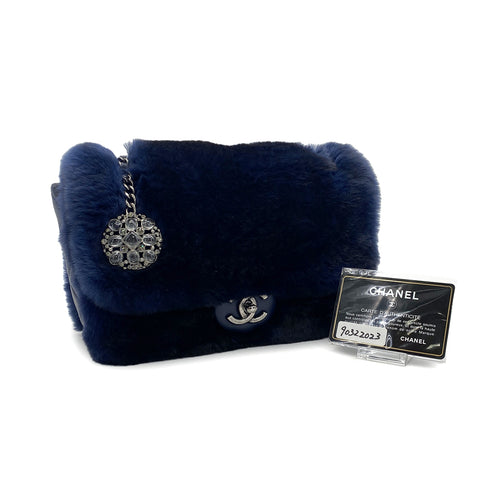 CHANEL FUR CHAIN SHOULDER BAG BLUE LAMB SKIN SILVER HARDWARE 90322023