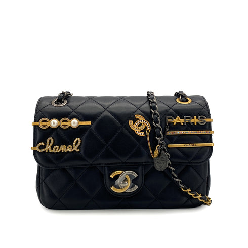 CHANEL HAIR PIN MOTIF CHAIN SHOULDER BAG BLACK LEATHER SILVER GOLD HARDWARE 90323976