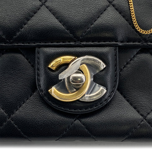 CHANEL HAIR PIN MOTIF CHAIN SHOULDER BAG BLACK LEATHER SILVER GOLD HARDWARE 90323976