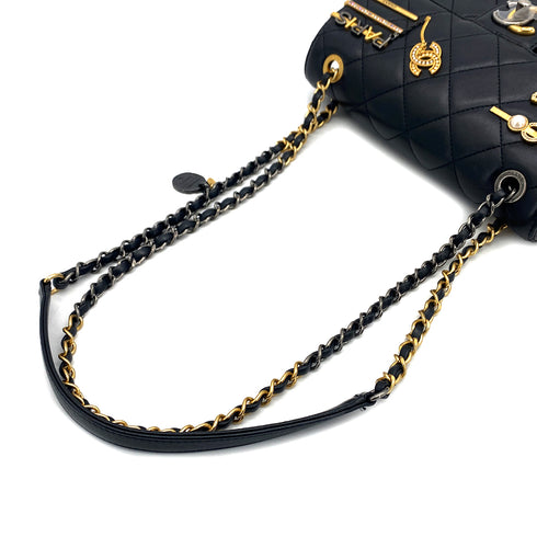 CHANEL HAIR PIN MOTIF CHAIN SHOULDER BAG BLACK LEATHER SILVER GOLD HARDWARE 90323976
