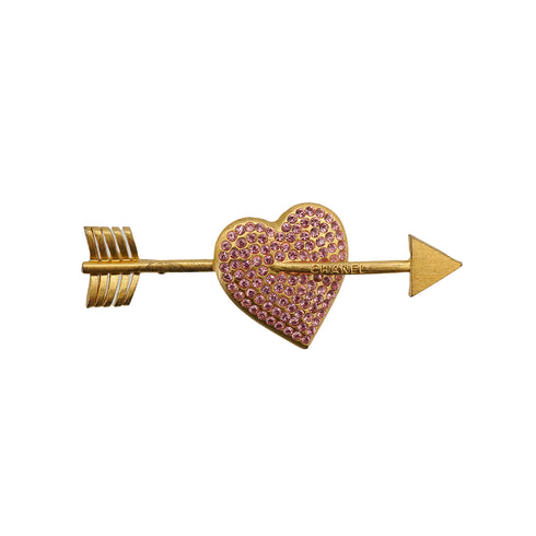 CHANEL HEART ARROW LOGO RHINESTONE BROOCH PINK GOLD ACCESSORY 02P 90335770