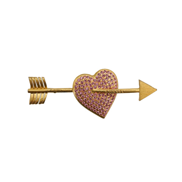 CHANEL HEART ARROW LOGO RHINESTONE BROOCH PINK GOLD ACCESSORY 02P 90335770