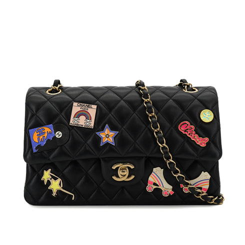 CHANEL HOLLYWOOD CHARM CLASSIC FLAP MEDIUM CHAIN SHOULDER BAG BLACK LAMB SKIN GOLD HARDWARE 90330994