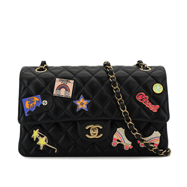 CHANEL HOLLYWOOD CHARM CLASSIC FLAP MEDIUM CHAIN SHOULDER BAG BLACK LAMB SKIN GOLD HARDWARE 90330994