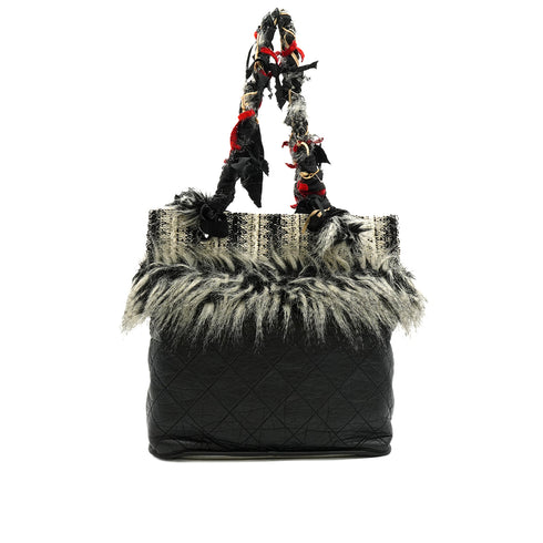 CHANEL INNUIT FANTASY FUR TOTE BAG BLACK LEATHER TWEED FAKE FUR SILVER HARDWARE 90348535
