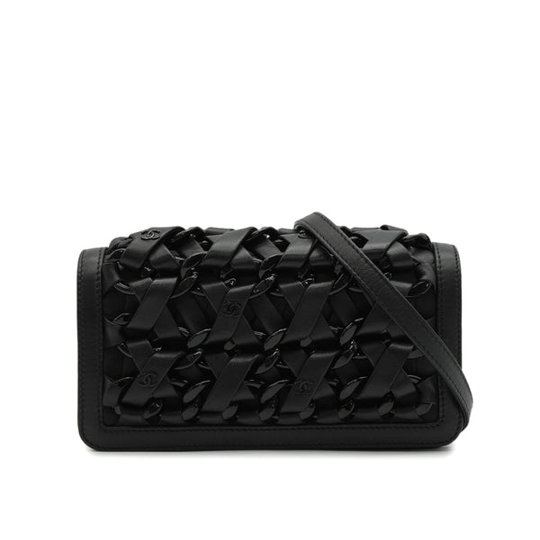 CHANEL INTERLACED CHAIN COCOMARK CLUTCH SHOULDER BAG BLACK LEATHER BLACK HARDWARE 90344460