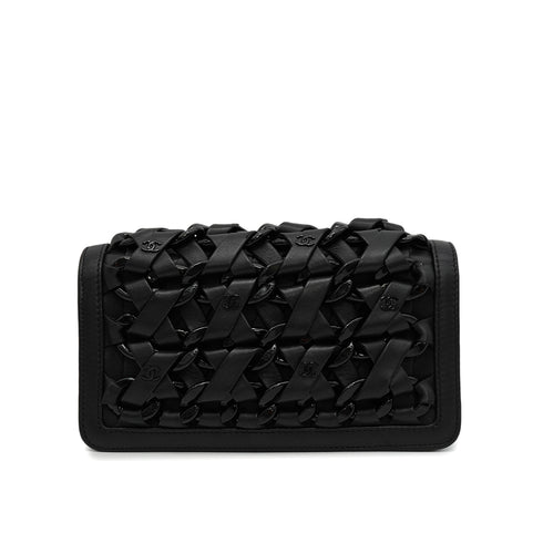 CHANEL INTERLACED CHAIN COCOMARK CLUTCH SHOULDER BAG BLACK LEATHER BLACK HARDWARE 90344460