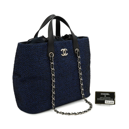 CHANEL IN THE MIX STRAW DRAWSTRING CHAIN HAND SHOULDER BAG BLUE CAVIAR SKIN SILVER HARDWARE 90341879