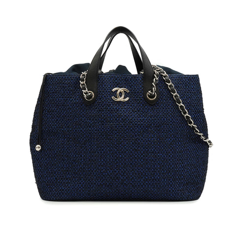 CHANEL IN THE MIX STRAW DRAWSTRING CHAIN HAND SHOULDER BAG BLUE CAVIAR SKIN SILVER HARDWARE 90341879