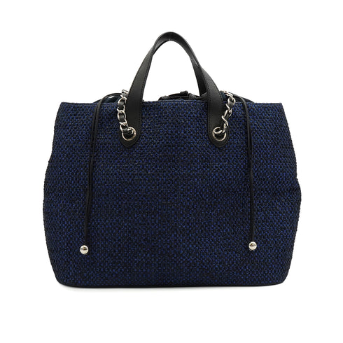 CHANEL IN THE MIX STRAW DRAWSTRING CHAIN HAND SHOULDER BAG BLUE CAVIAR SKIN SILVER HARDWARE 90341879