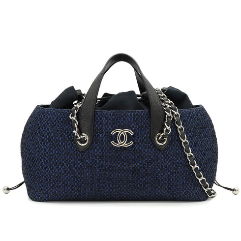 CHANEL IN THE MIX STRAW DRAWSTRING CHAIN HAND SHOULDER BAG BLUE STRAW CAVIAR SKIN SILVER HARDWARE 90341893