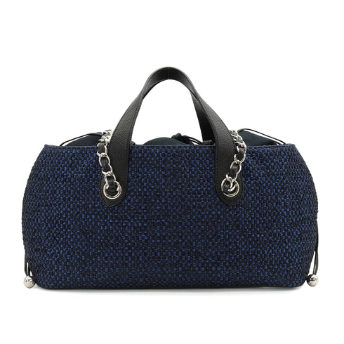 CHANEL IN THE MIX STRAW DRAWSTRING CHAIN HAND SHOULDER BAG BLUE STRAW CAVIAR SKIN SILVER HARDWARE 90341893