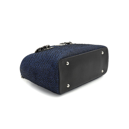 CHANEL IN THE MIX STRAW DRAWSTRING CHAIN HAND SHOULDER BAG BLUE STRAW CAVIAR SKIN SILVER HARDWARE 90341893