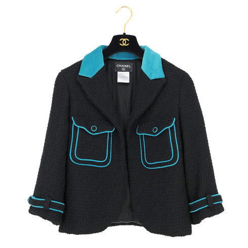 CHANEL JACKET BLUE BLACK WOOL 44 07A RTW 90325369
