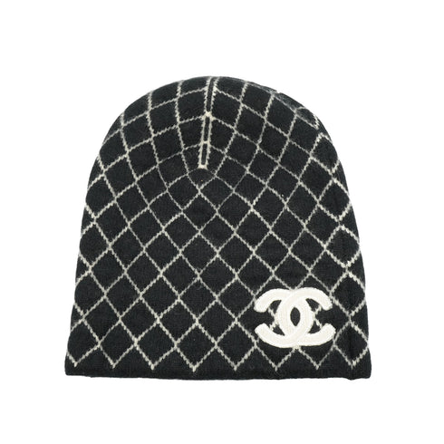 CHANEL KNIT HAT COCOMARK MATELASSE BLACK WHITE CASHMERE RTW 90334502
