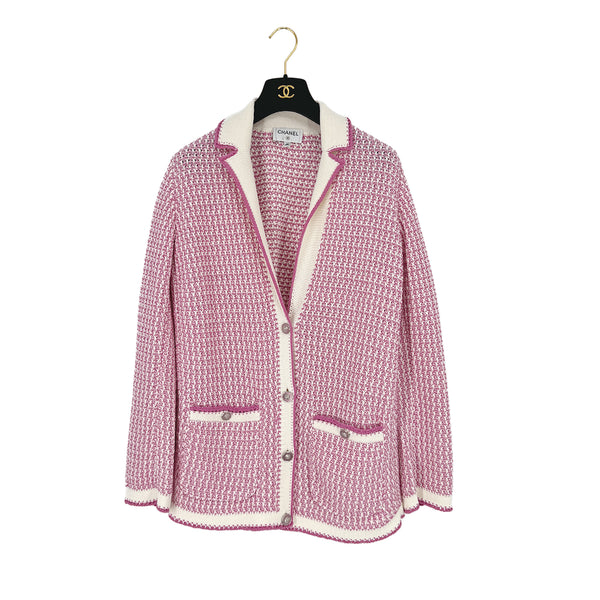 CHANEL LION BUTTON CARDIGAN PINK WHITE COTTON 38 P72 RTW 90311816
